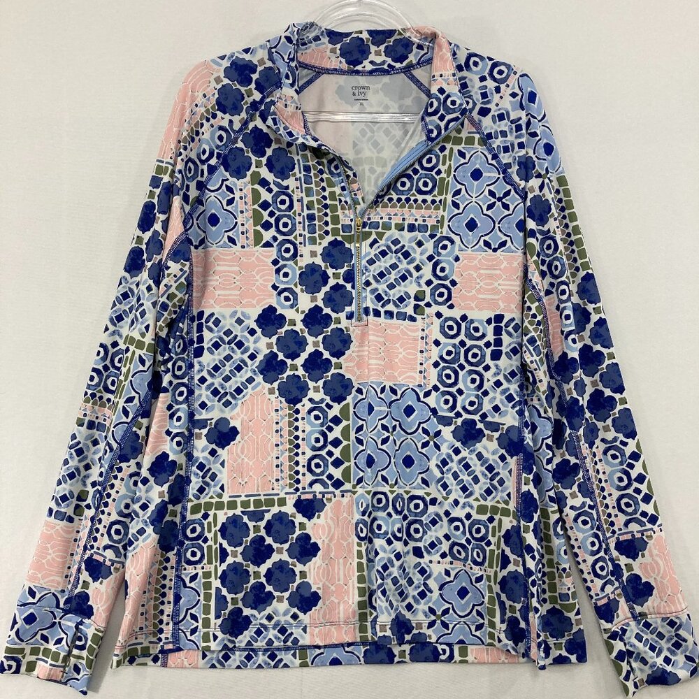 Crown & Ivy Top sz XL Blue Pink Abstract Artsy Quarter Zip Stretch Long Sleeve